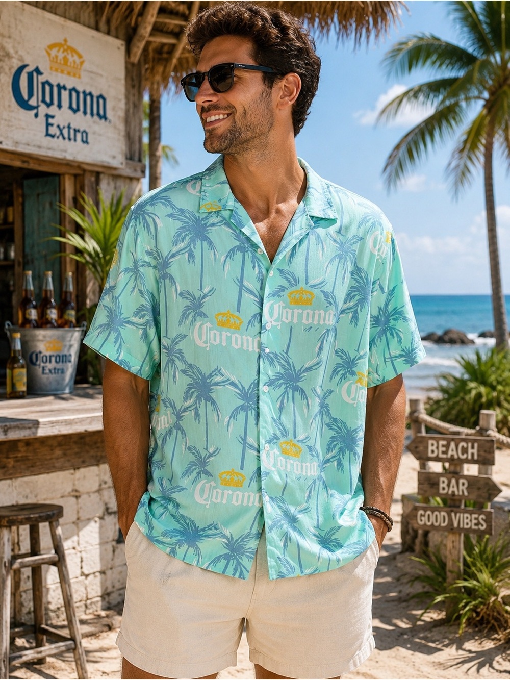 Corona Tropical Hawaiian Button Up Shirt Rayon XL